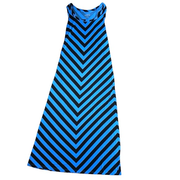 Chevron Stripe Maxi Dress Blue Black Sleeveless Scoop Neck Casual Resort Summer - Picture 1 of 7